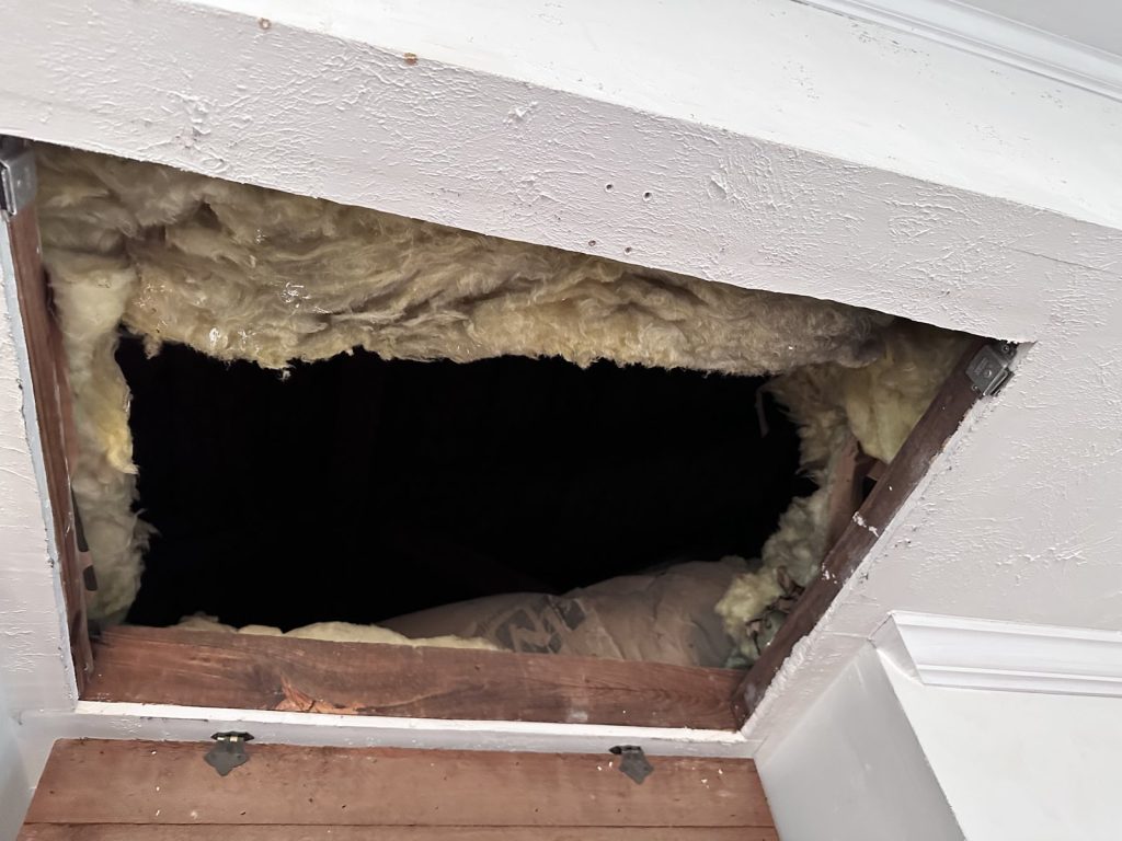 Open attic hatch and insulation in long-vacant as-is home purchased in Alvin TX