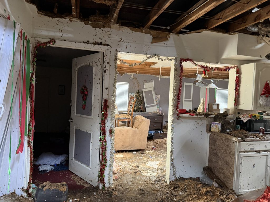 Fire-damaged living and kitchen area inside a Wayside, Houston home purchased as-is