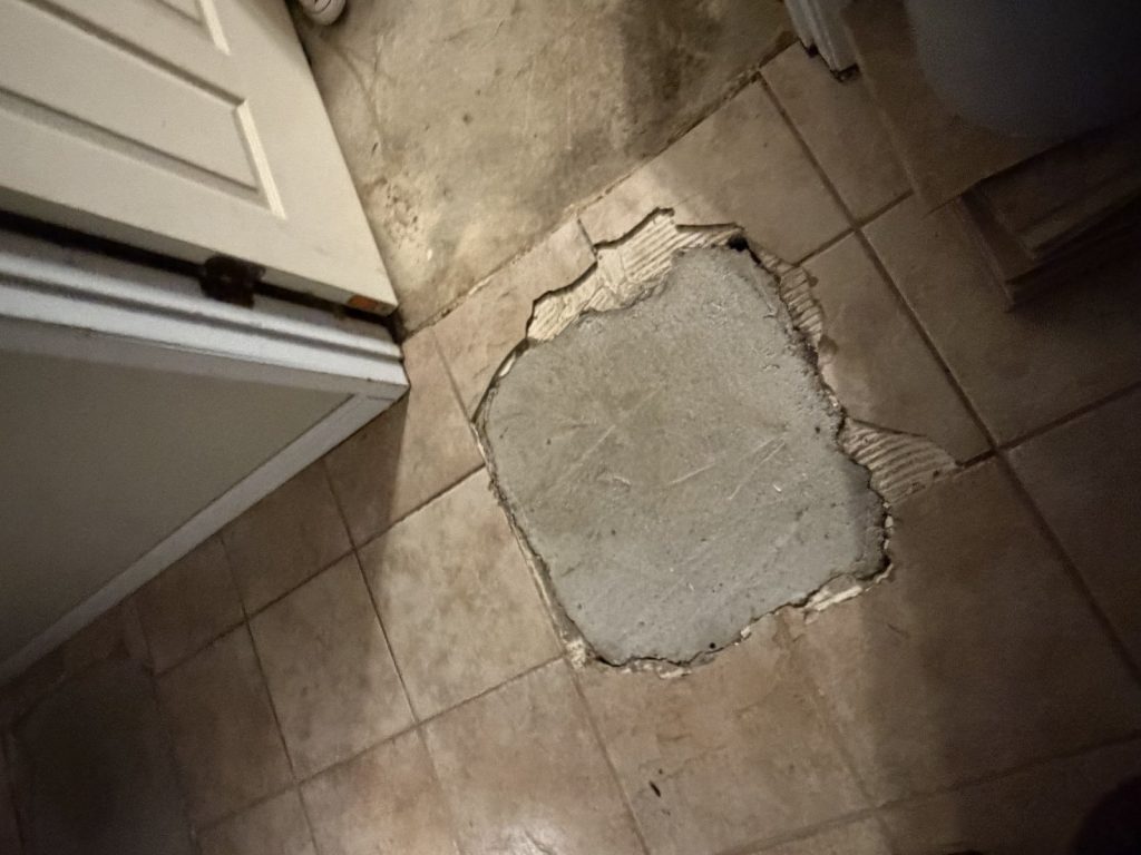 Bathroom floor repair needed in a Fall Meadow Drive home in Missouri City, TX