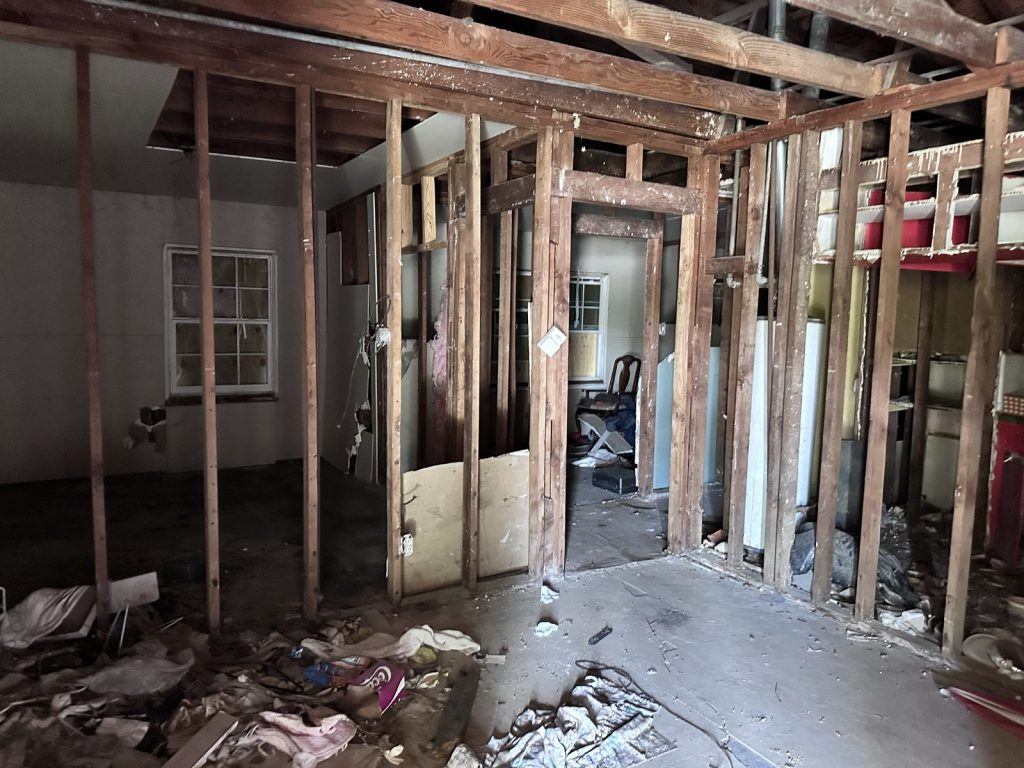 Gutted interior at a flood-damaged Lake Forest home in East Houston, TX