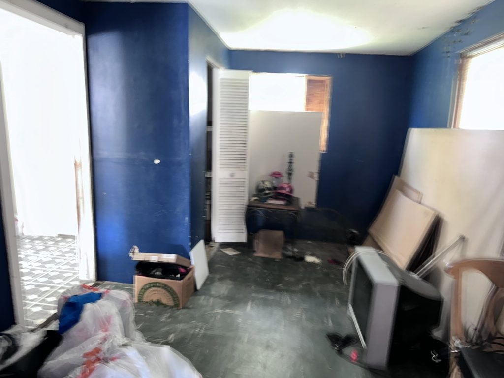 Blue-walled room in a distressed property sold for cash in Kinwood, Aldine, TX